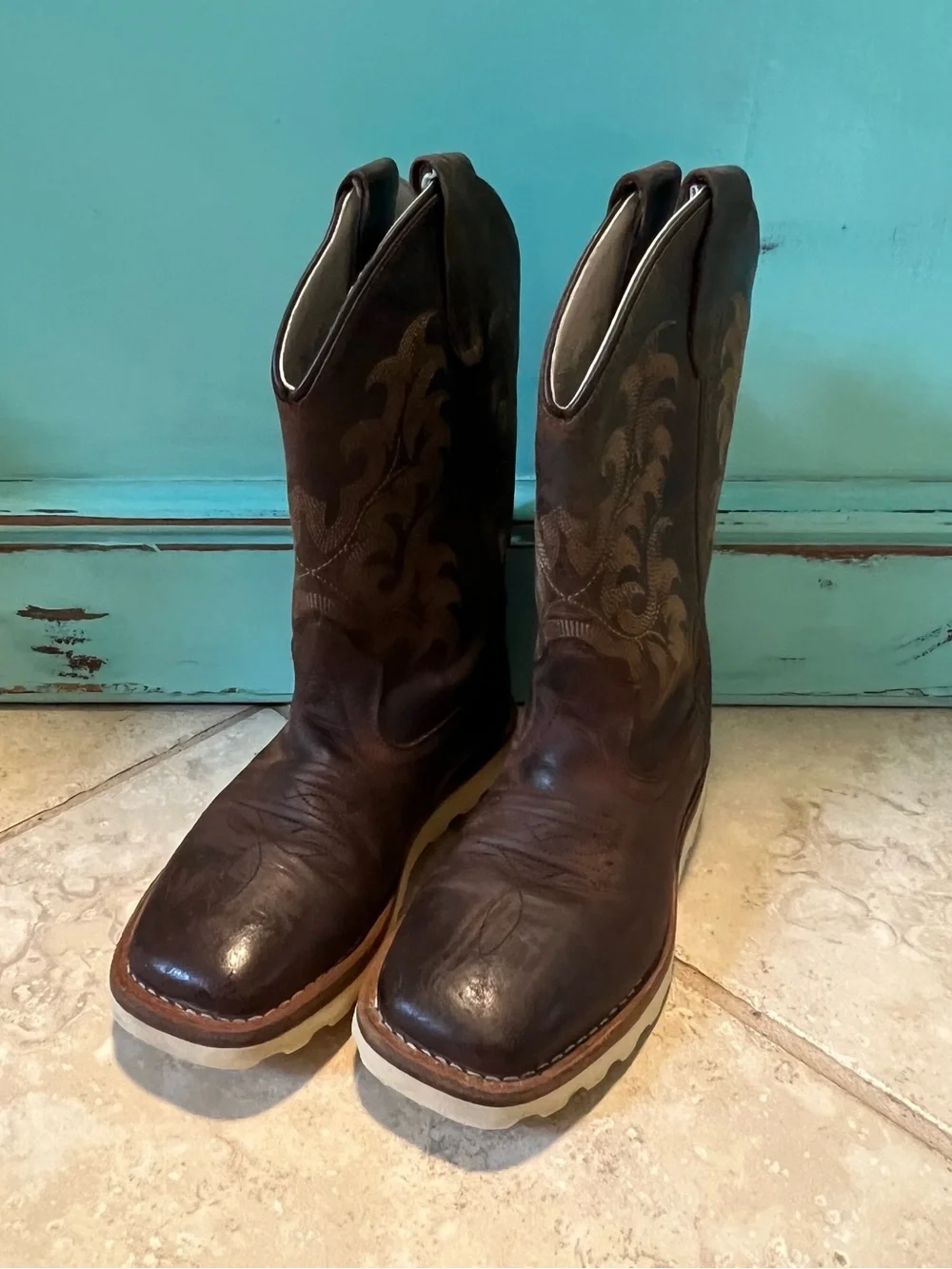 Old West Kids Dark Clay Distressed Brown Western Boots BSC1953 Kids Size 1D